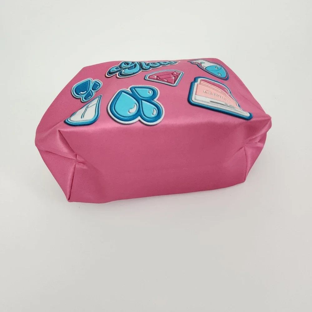 Clinique Pink Satin Glow Embroidered Patch Makeup Cosmetic Bag Travel Pouch NWOT